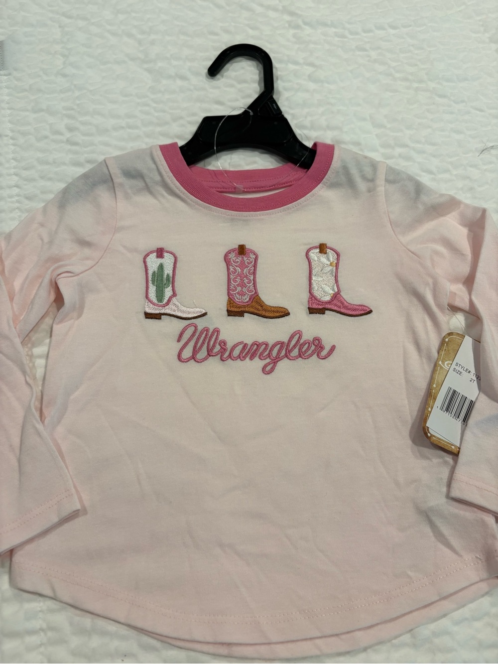 Wrangler Pink Long-Sleeve Tee with Western Boot Appliqués